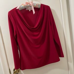 Red Draped Neck Long Sleeve Top